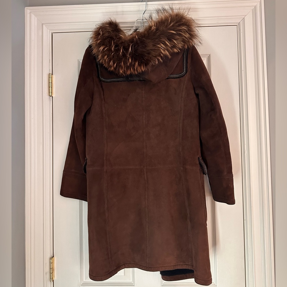 Coach Brown Suede Shearling Toggle Coat Fur Hood  * flaw Designer READ Size 6 - Picture 2 of 16